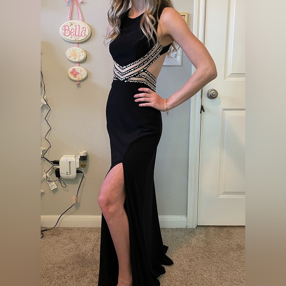 Black Beaded Open Back Prom Dress